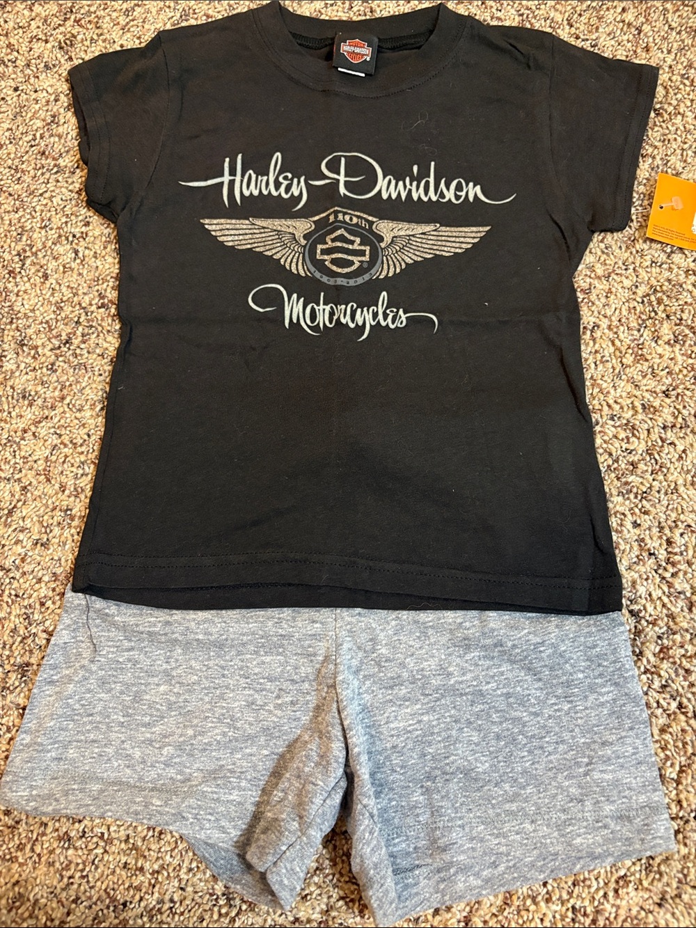 Harley-Davidson Black Tee with Gray Shorts Kids Matching Set.